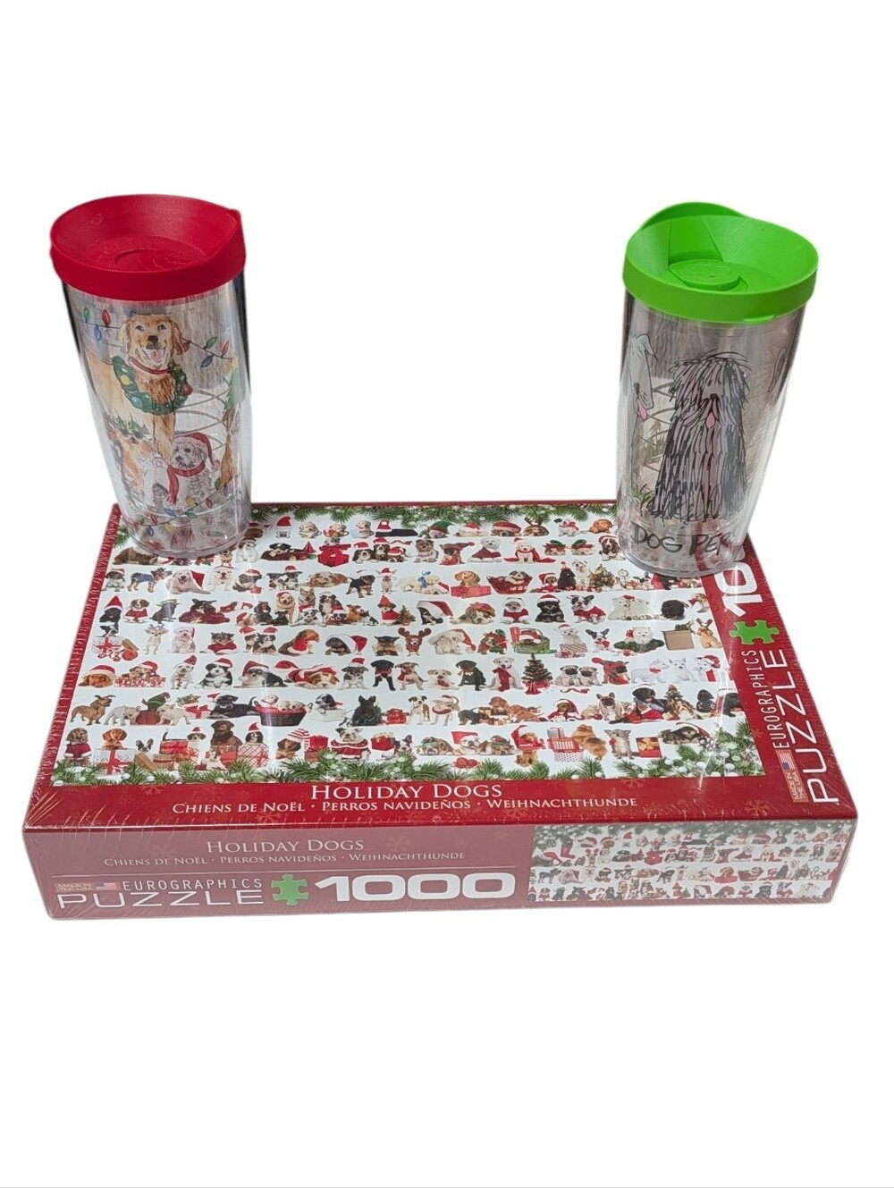 Dog Lovers Bundle, Two Dog Themed Tervis Tumblers And Holiday Dog Puzzle